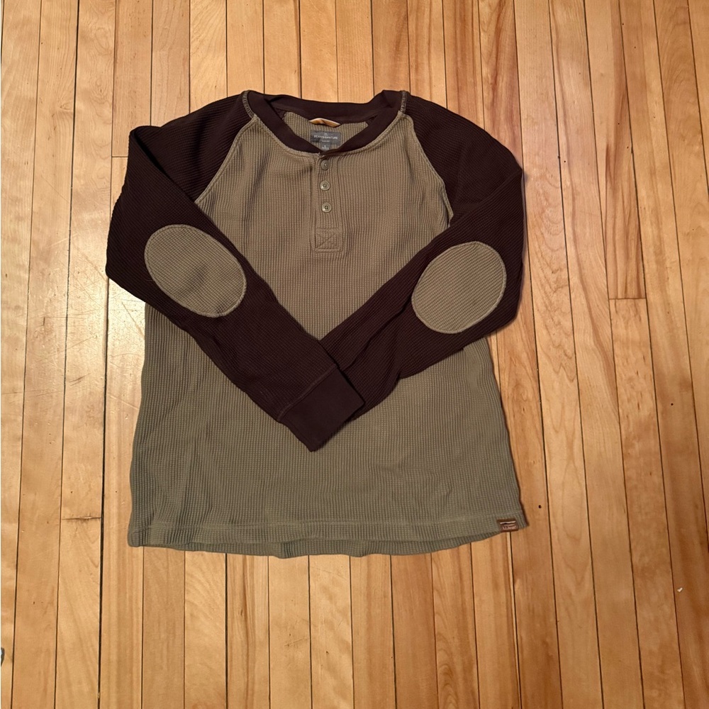 L.L. Bean Olive Green and Dark Brown Raglan Henley Sweater